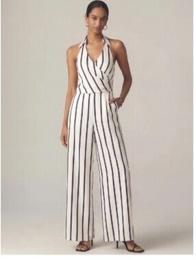 Lulu's Sz XL White Halter Wide-Leg Jumpsuit with Navy Stripes